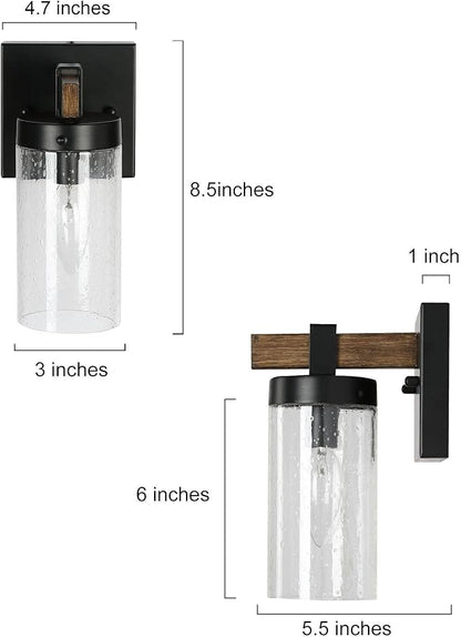 KSANA Black Wall Sconces, Farmhouse Faux Wood Wall Light Fixtures with Seeded Glass Shade for Bedroom, Bathroom, Living Room
