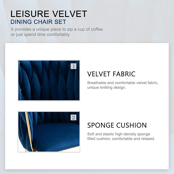 Nrizc Woven Dining Chairs Set of 4, Velvet Upholstered Dining Chairs with Gold Metal Legs, Modern Accent Chairs for Living Room, Dining Room, Kitchen (Blue)