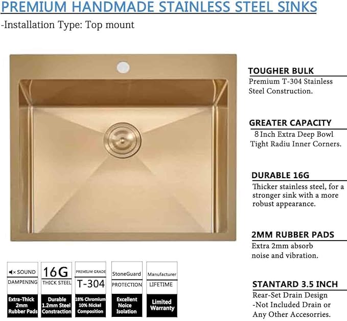 SHACO 25x22 Gold Kitchen Sink, 25 Inch Drop In Gold RV Laundry Utility Sink, Top Mount 16 Gauge Stainless Steel Single Bowl Deep Small Kitchen Bar