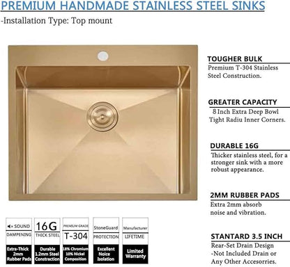 SHACO 25x22 Gold Kitchen Sink, 25 Inch Drop In Gold RV Laundry Utility Sink, Top Mount 16 Gauge Stainless Steel Single Bowl Deep Small Kitchen Bar