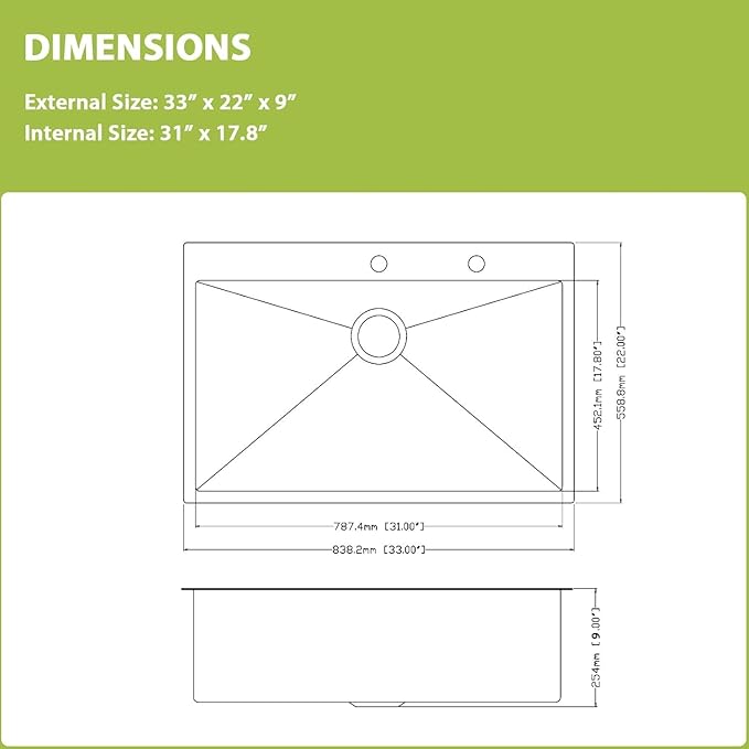 33x22 Drop In Kitchen Sink - 33 Inch Stainless Steel Sinks Topmount 18 Gauge 304 Single Bowl Kitchen Sink 9" Deep Basin with Drain Assembly