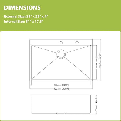 33x22 Drop In Kitchen Sink - 33 Inch Stainless Steel Sinks Topmount 18 Gauge 304 Single Bowl Kitchen Sink 9" Deep Basin with Drain Assembly