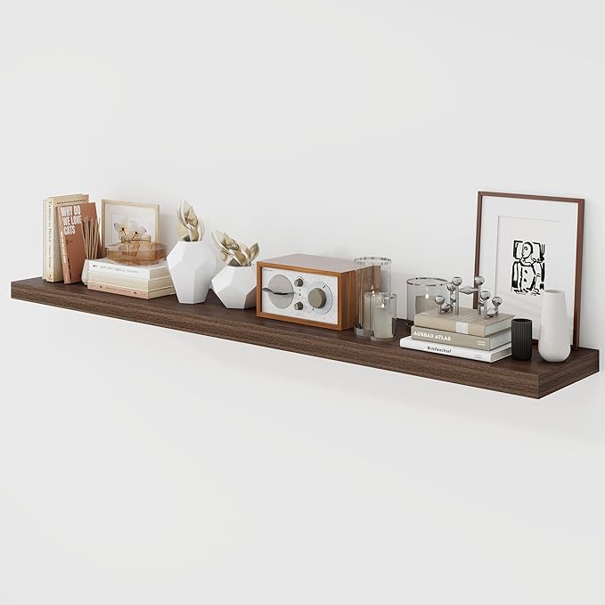 Acovy 55 Inch Floating Shelves, 9.3" Deep Floating Shelf Wall Mounted, 56" Wall Shelves, Rustic Deep Bookshelf, Large Display Shelves & Storage Shelves for Bedroom, Living Room, Walnut, Set of 1