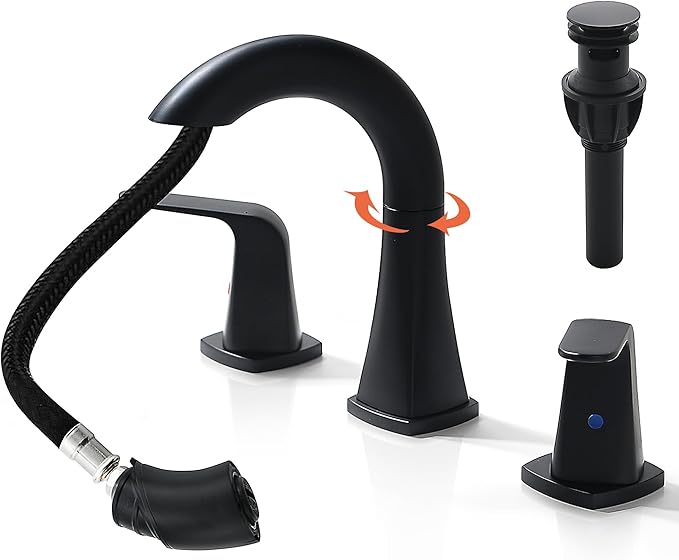 Pull Down Bathroom Faucet Black- Matte Black Sink Faucet with Sprayer, Bathroom Pull Out Faucets, 2-Handles Widespread Vanity Faucets 3 Hole 8 Inch 360 Swivel Spout with Pop-up Drain & Lines