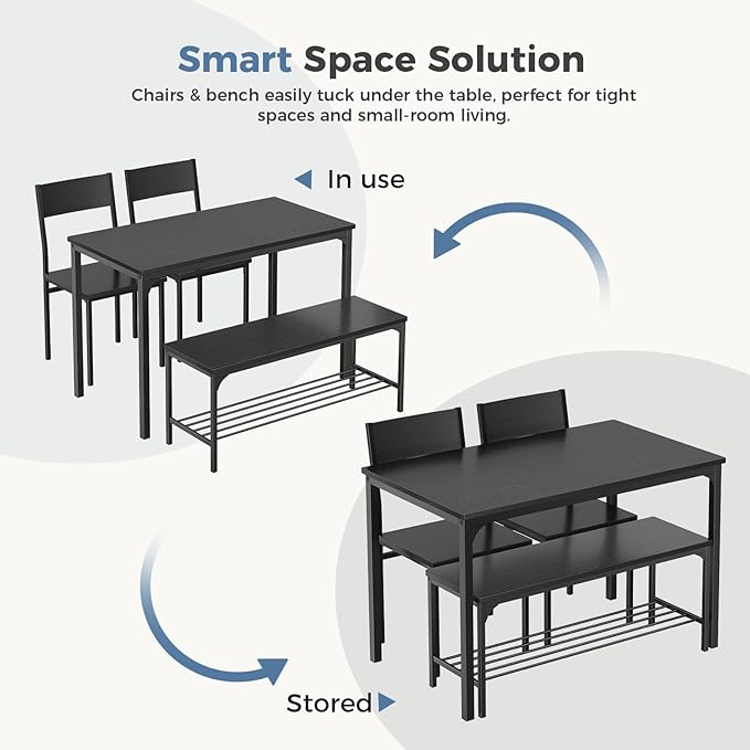 DUMOS Dining Table, Dining Table Set for 4 with Bench, Easy to Assemble Kitchen Table, Space-Saving Ideal 4-Person Set for Dining Room Kitchen Apartment Corner Dark Black 4 Pack