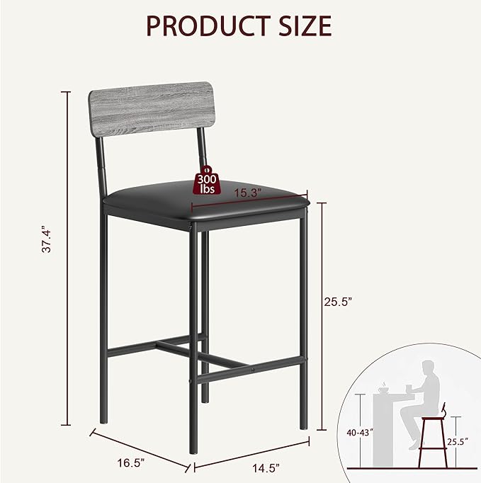 Bar Stools Set of 2, Kitchen Bar Stools with Footrest, Upholstered Bar Chairs with Back, 2 Counter Height Barstools for Counter Bar, Island