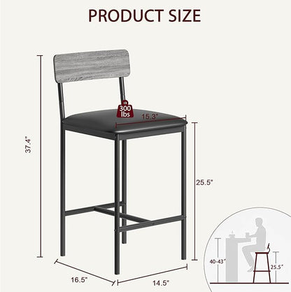 Bar Stools Set of 2, Kitchen Bar Stools with Footrest, Upholstered Bar Chairs with Back, 2 Counter Height Barstools for Counter Bar, Island
