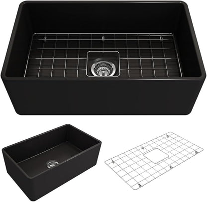 BOCCHI Classico Farmhouse Apron Front Fireclay 30 in. Single Bowl Kitchen Sink with Protective Bottom Grid and Strainer in Matte Black