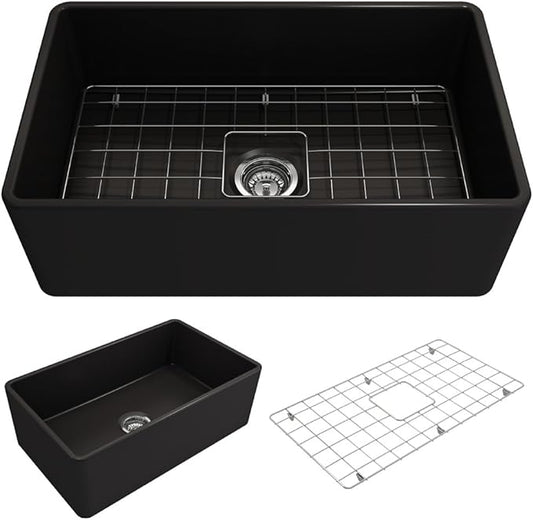 BOCCHI Classico Farmhouse Apron Front Fireclay 30 in. Single Bowl Kitchen Sink with Protective Bottom Grid and Strainer in Matte Black