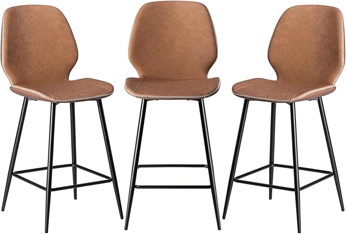HOMMPA Counter Height Bar Stools Set of 3 Faux Leather 26'' Countertop Stool Chairs with Metal Legs Ergonomic Back Barstools for Kitchen Island Home Brown