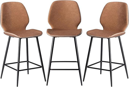 HOMMPA Counter Height Bar Stools Set of 3 Faux Leather 26'' Countertop Stool Chairs with Metal Legs Ergonomic Back Barstools for Kitchen Island Home Brown