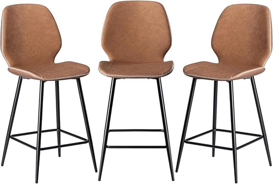 HOMMPA Counter Height Bar Stools Set of 3 Faux Leather 26'' Countertop Stool Chairs with Metal Legs Ergonomic Back Barstools for Kitchen Island Home Brown