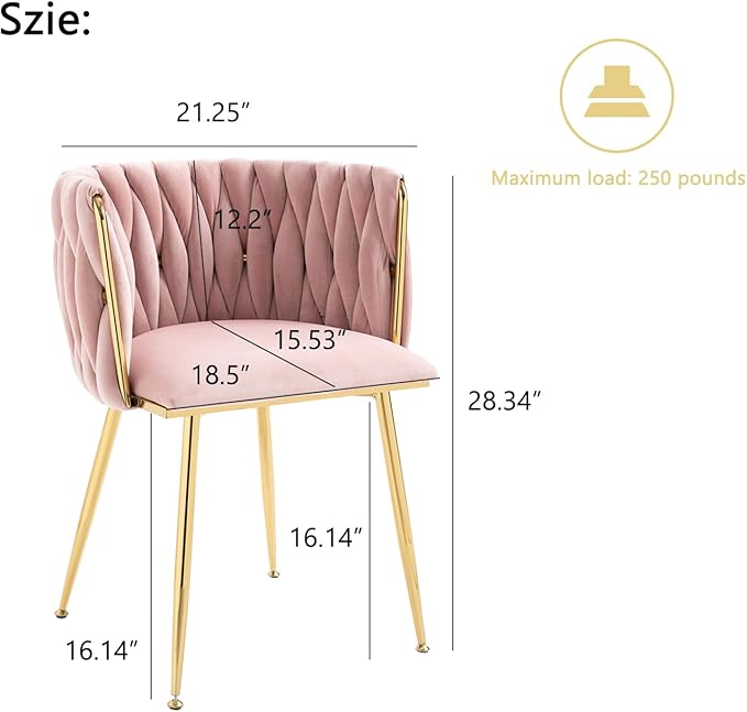 Nrizc Woven Dining Chairs Set of 4, Velvet Upholstered Dining Chairs with Gold Metal Legs, Modern Accent Chairs for Living Room, Dining Room, Kitchen (Pink)