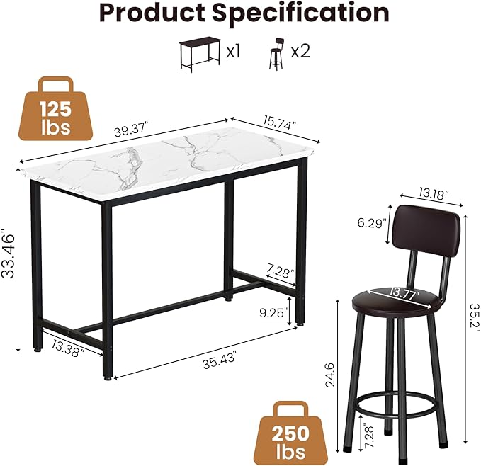 Recaceik Dining Table Set, 39.4” Rectangle Pub Dining Set Kitchen Table Set Bar Table with Stools, 3-Piece Breakfast Table Set with Metal Frame for Kitchen Dining Room w/ 2 Chairs - White*