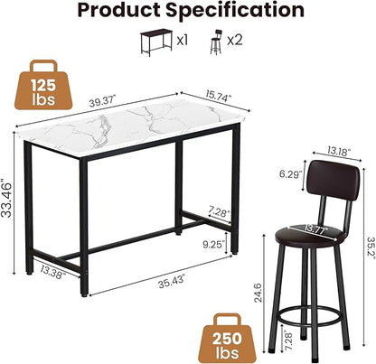Recaceik Dining Table Set, 39.4” Rectangle Pub Dining Set Kitchen Table Set Bar Table with Stools, 3-Piece Breakfast Table Set with Metal Frame for Kitchen Dining Room w/ 2 Chairs - White*