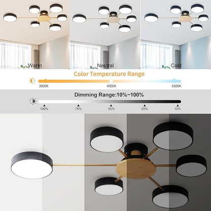 6-Lights LED Ceiling Lighting 41 Inch Modern Ceiling Lights Flush Mount Recessed Lighting Ceiling Light 48W Dimmable Living Room Bedroom Kitchen, 3000K-6000K Black