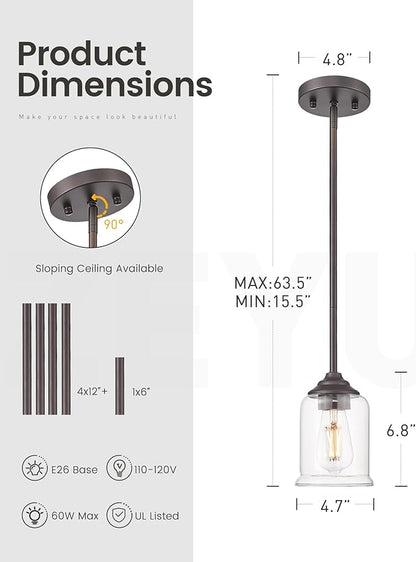 zeyu Farmhouse Pendant Light, 1-Light Pendant Light Fixtures for Kitchen Bedroom, Clear Glass Shade, Oil Rubbed Bronze Finish, ZSL104MIL ORB