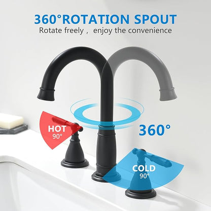 Black Widespread Bathroom Faucet 3 Holes - 8In Two Handles faucets for Bathroom Sink | Vintage Antique Lavatory Vanity Sink Faucets with Pop-up Drain Assembly & Supply Lines Matte Black