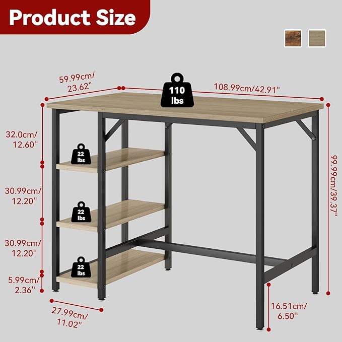 IBUYKE 40”H Bar Table with 3 Storage Shelves, High Dining Table for Kitchen, Counter Table, Industrial Standing Computer Desk UTMJ054Y