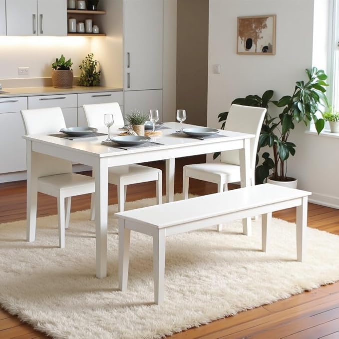 Furnifact Solid Wood Dining Bench in White Durable Kitchen and Dining Room Bench Stylish Wooden Bench for Dining Table and Kitchen Seating