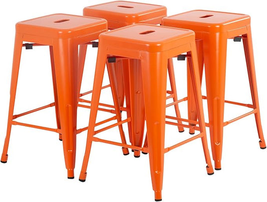 FDW Metal Bar Stools Set of 4 Counter Height Bar Stools 24 Inches Industrial Bar Chairs Patio Stool Stackable Backless Stool Indoor Outdoor Metal Kitchen Stools Bar Chairs (Orange, 24")