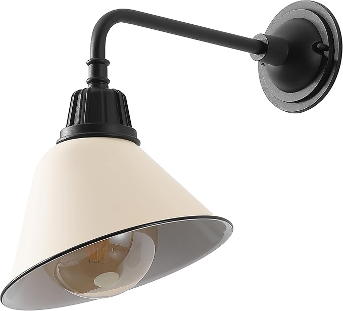 JONATHAN Y 9.63" Matte Almond/Black 1-Light Farmhouse Outdoor Sconce, Industrial LED Wall Light, Gooseneck Arm Barn Lamp with Metal Bell Shade for Porch, Patio, Kitchen, LED Bulb Included (JYL7612J)