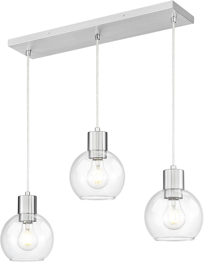 LMS Brushed Nickel Dining Room Light Fixture, 3-Light Clear Globe Glass Island Lights, Farmhouse Linear Chandeliers for Kitchen Island Pendant Light Fixtures, LMS-122SPL-BN3