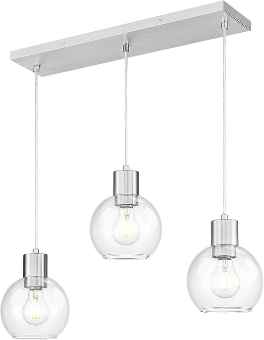 LMS Brushed Nickel Dining Room Light Fixture, 3-Light Clear Globe Glass Island Lights, Farmhouse Linear Chandeliers for Kitchen Island Pendant Light Fixtures, LMS-122SPL-BN3