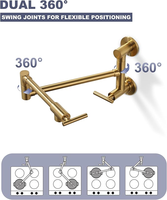 WOWOW Gold Pot Filler Faucet: Single Hole Wall Mount Stove Faucet, Brass Pot Filler Two Attachment with Double Joint Swing Arms