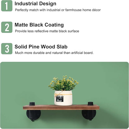 HouseAid Industrial Pipe Floating Shelves, Rustic Farmhouse Pipe Shelf for Living Room, Bedroom, Bathroom and Kitchen, Wall Mounted, Matte Black (2 Pack)