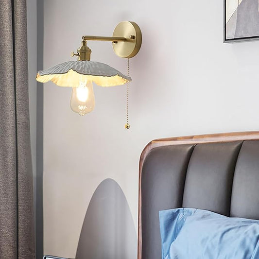 Vintage Wall Light Fixture Gold Wall Sconces with White Glass Shade Pull Chain Wall Lamp Mid-Century Modern Wall Sconce Light for Bedroom Living Room Farmhouse