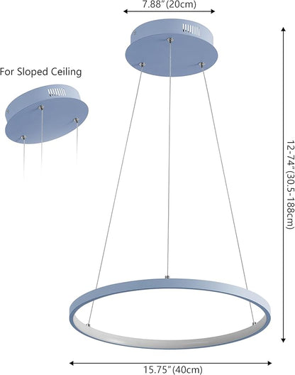 JONATHAN Y 15.75" Blue Modern Integrated LED Pendant Light, Dimmable Round Hoop Chandelier for Kitchen Island, Dining Room, Adjustable Height Metal Hanging Light (JYL7202D)