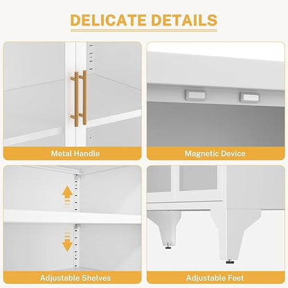 Foreate Arched Sideboard Buffet Cabinet with Storage & LED Light, 53.2" Large Buffet Cabinet with 4 Glass Door & Adjustable Shelf, Modern Farmhouse Sideboard Credenzas Metal Kitchen Buffet, White
