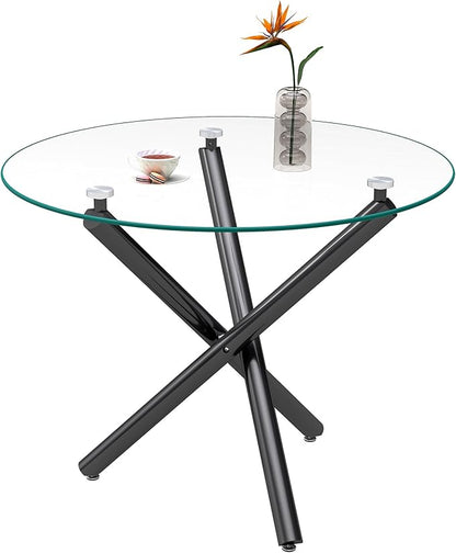 36" Round Glass Dining Table for 4, Modern Dining Room Table with Black Metal Cross Legs, Adjustable Foot Pads, Tempered Glass Top Kitchen Dinner Tables for Kitchen Dining Room Small Apartment