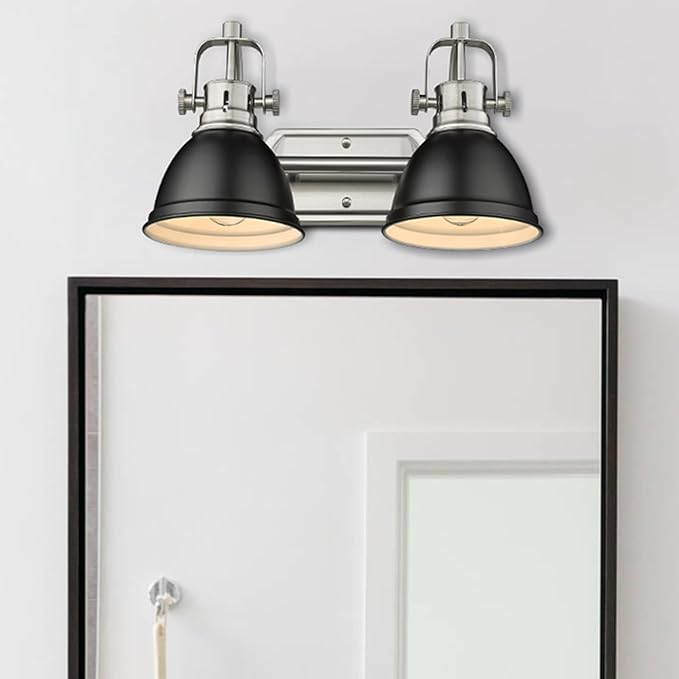 Emliviar Modern Vanity Light, Industrial 2-Light Bathroom Wall Light Fixtures, Black and Brushed Nickel Finish with Metal Shade, 4054-2W BN+BK