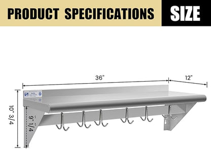 Hally Stainless Steel Shelf with 6 Hooks 12" x 36" Wall Mounted Pot Rack, NSF Commercial Floating Shelving for Storage Hanging Pots, Pans, cookware in Restaurant, Kitchen, Home and Hotel