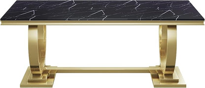Black Marble Dining Table for 6, Modern Gold Kitchen & Dining Room Table for 6 with Mirrored Stainless Steel Frame, Luxurious Faux Marble Rectangular Dining Table for Dining Room Kitchen