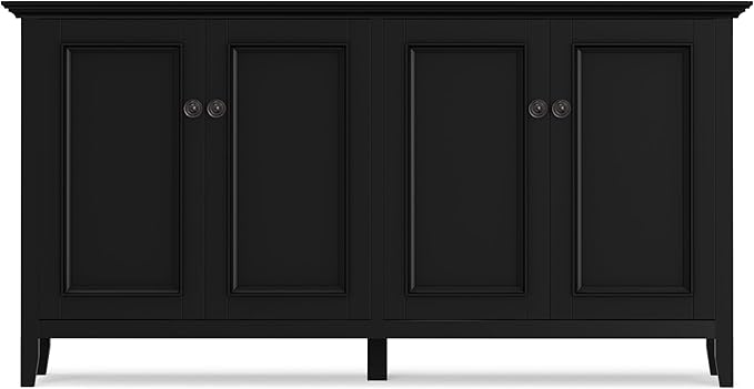 SIMPLIHOME Amherst Storage Cabinet - 66 inch Wide Solid Wood 4-Shelf Sideboard Cabinet in Black, Transitional Buffet for Living Room or Dining Room with 4 Doors and Adjustable Shelves