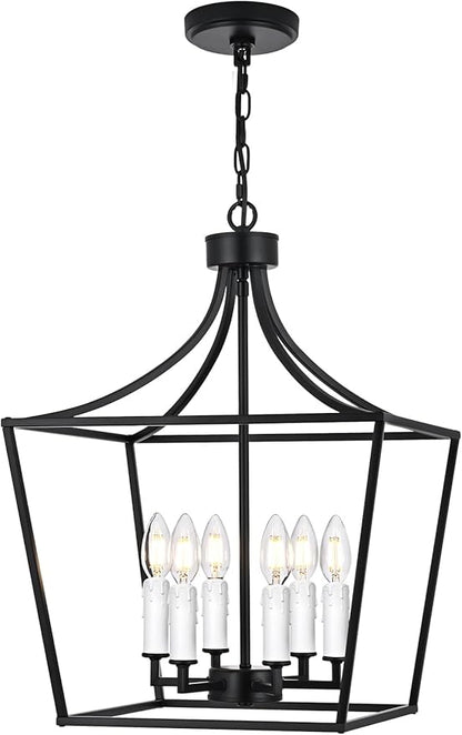 6-Light Large Classic Lantern Chandelier in Black, Height Adjustable Hanging Pendant Light Fixture for Kitchen Island Dining Room Foyer, E12 Bulb Base