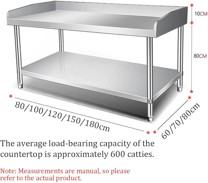 Kitchen Preparation Table Stainless Steel Worktop with Three-Sided Splashback, Stainless Steel Dining Table Grill, Adjustable Legs, 2/3-Tier Kitchen Preparation Table,Al120×w80×h80cm