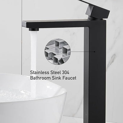 AVSIILE Matte Black Vessel Sink Faucet, 1 Hole Single Handle Tall Bathroom Vanity Faucets, Modern Utility Rv Laundry Bath Restroom Mixer Tap with Metal Pop Up Drain and 2 Water Supply Lines