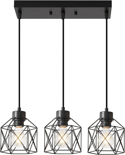 3-Light Hanging Pendant Light Fixtures, Farmhouse Kitchen Island Light Fixture, Industrial Hanging Pendant Lighting for Dining Room Bedroom Hallway, Black Metal Cage Pendant Lamp, E26 Base
