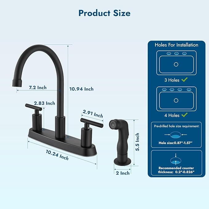 Kitchen Faucets, High Arc 360°Rotating Spout Kitchen Sink Faucet, 2 Handle 8 Inch Centerset RV Kitchen Faucet with Supply Lines, 3 or 4 Hole Kitchen Faucet with Side Sprayer, Matte Black