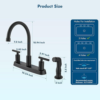 Kitchen Faucets, High Arc 360°Rotating Spout Kitchen Sink Faucet, 2 Handle 8 Inch Centerset RV Kitchen Faucet with Supply Lines, 3 or 4 Hole Kitchen Faucet with Side Sprayer, Matte Black