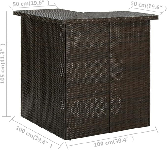 Corner Bar Table with 3 Shelves, Modern Brown Poly Rattan and Steel Frame for Kitchen, Dining Room or Outdoor Patio