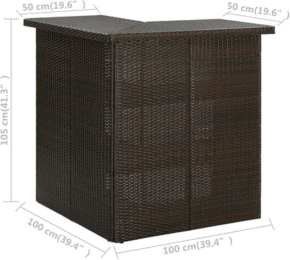 Corner Bar Table with Storage Shelves, Brown Synthetic Poly Rattan Steel Frame Modern Design for Indoor Outdoor Use in Kitchen Dining Room or Patio Space Saving Solution
