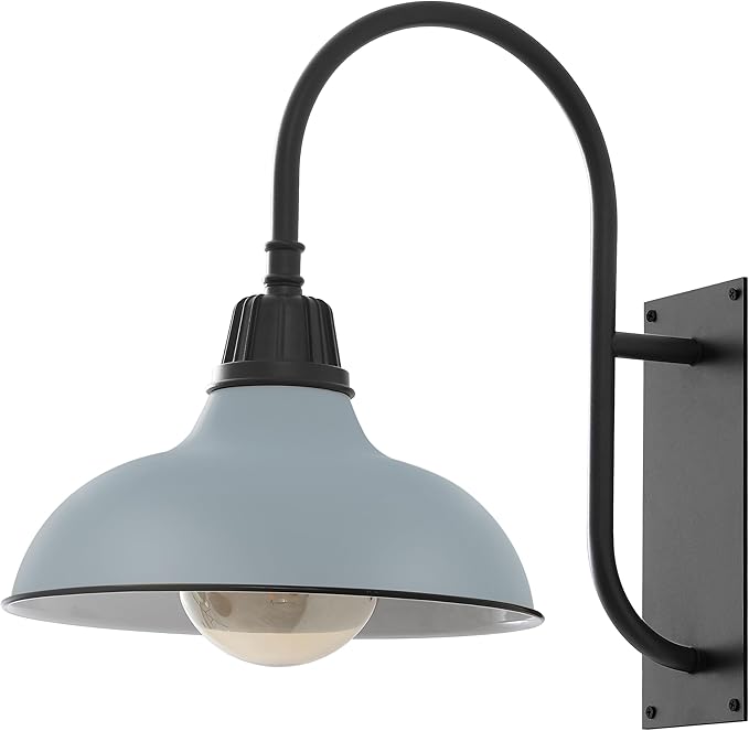 JONATHAN Y 12.25" Matte Silver 1-Light Blue/Black Farmhouse Gooseneck Outdoor Wall Sconce Lamp, with Black Metal Bowl Shade, Industrial Iron LED Porch Light for Patio Garage Entryway (JYL7614K)