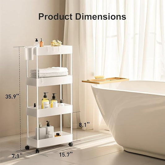 Pipishell Slim Storage Cart with Wheels, 4 Tier Bathroom Storage Organizer Rolling Utility Cart for Bathroom Kitchen Laundry Room Office Narrow Place (White)