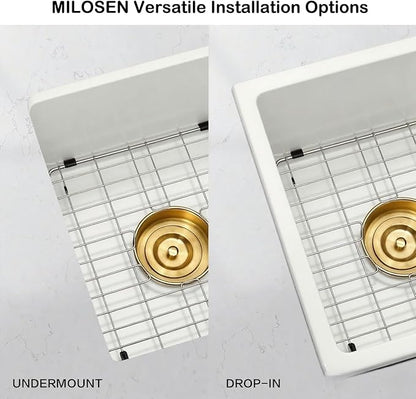 MILOSEN White Undermount Bar Sink, 13×15 Inch Small White Wet Bar or Prep Sink, 9 Inch Deep Granite Composite Outdoor Single Bowl Basin with Accessories, Small Quartz Sinks