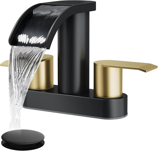 gotonovo 4 Inch Centerset Waterfall Bathroom Sink Faucet Deck Mount 2 Handle Basin Faucets 2 or 3 Hole with Pop Up Drain Included Lavatory Modern Mixer Tap Vanity Faucet Matte Black and Brushed Gold